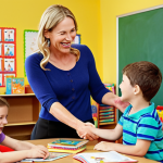 **

A kindergarten teacher warmly greeting parents in a bright, colorful classroom. The teacher is smiling and shaking hands with the parents, while children are happily engaged in learning activities in the background. Books, toys, and artwork are visible, creating a welcoming and educational environment. The overall tone is positive and reassuring.

**