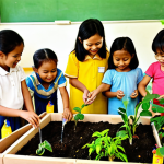 A vibrant and bright scene inside a Malaysian preschool classroom. Young Malaysian children (4-6 years old) are joyfully participating in a "mini garden project," actively tending to small plants, watering, and collaborating. A warm and encouraging Malaysian female teacher guides them, demonstrating hands-on learning that integrates various aspects of the KSPK (National Preschool Standard Curriculum). The atmosphere is cheerful and promotes holistic development.