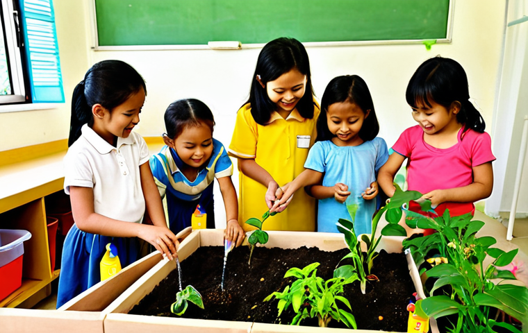 A vibrant and bright scene inside a Malaysian preschool classroom. Young Malaysian children (4-6 years old) are joyfully participating in a "mini garden project," actively tending to small plants, watering, and collaborating. A warm and encouraging Malaysian female teacher guides them, demonstrating hands-on learning that integrates various aspects of the KSPK (National Preschool Standard Curriculum). The atmosphere is cheerful and promotes holistic development.