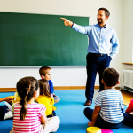 The children are seated around a low activity table, actively engaged with colorful, interactive learning materials, possibly crafted from recycled items, displaying various textures and shapes. The scene is a brightly lit, clean, and well-organized preschool classroom with educational posters on the walls, abundant soft natural light streaming through large windows, and a harmonious learning atmosphere. Professional photography, high detail, vibrant colors, natural lighting, safe for work, appropriate content, fully clothed, modest clothing, family-friendly, perfect anatomy, correct proportions, natural pose, well-formed hands, proper finger count, natural body proportions.

**Image Prompt 2: Technology-Enhanced Storytelling in a Modern Classroom**

A professional male preschool teacher, with an engaging and dynamic expression, dressed in a modest professional collared shirt and slacks, standing confidently near a large interactive smartboard or projector screen. He is pointing to a captivating educational animation or digital story displayed on the screen. A group of diverse young children, aged 4-5, are seated attentively on the floor in front of the screen, fully engrossed in the visual presentation. The setting is a modern, spacious preschool classroom, brightly lit and designed for collaborative learning, with subtle educational elements in the background. Professional photography, high resolution, clear focus, natural lighting, safe for work, appropriate content, fully clothed, professional dress, perfect anatomy, correct proportions, natural pose, well-formed hands, proper finger count, natural body proportions.