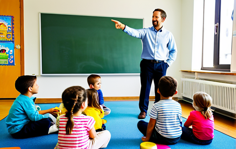 The children are seated around a low activity table, actively engaged with colorful, interactive learning materials, possibly crafted from recycled items, displaying various textures and shapes. The scene is a brightly lit, clean, and well-organized preschool classroom with educational posters on the walls, abundant soft natural light streaming through large windows, and a harmonious learning atmosphere. Professional photography, high detail, vibrant colors, natural lighting, safe for work, appropriate content, fully clothed, modest clothing, family-friendly, perfect anatomy, correct proportions, natural pose, well-formed hands, proper finger count, natural body proportions.
**Image Prompt 2: Technology-Enhanced Storytelling in a Modern Classroom**
A professional male preschool teacher, with an engaging and dynamic expression, dressed in a modest professional collared shirt and slacks, standing confidently near a large interactive smartboard or projector screen. He is pointing to a captivating educational animation or digital story displayed on the screen. A group of diverse young children, aged 4-5, are seated attentively on the floor in front of the screen, fully engrossed in the visual presentation. The setting is a modern, spacious preschool classroom, brightly lit and designed for collaborative learning, with subtle educational elements in the background. Professional photography, high resolution, clear focus, natural lighting, safe for work, appropriate content, fully clothed, professional dress, perfect anatomy, correct proportions, natural pose, well-formed hands, proper finger count, natural body proportions.