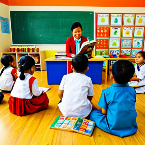 **

A bright and colorful classroom scene in a Malaysian kindergarten (Tadika). Children, fully clothed in appropriate attire, are engaged in various learning activities: painting, playing with blocks, and reading books with their teacher. The environment is cheerful with educational posters and displays.  Safe for work, appropriate content, family-friendly, perfect anatomy, natural proportions, high quality illustration.

**