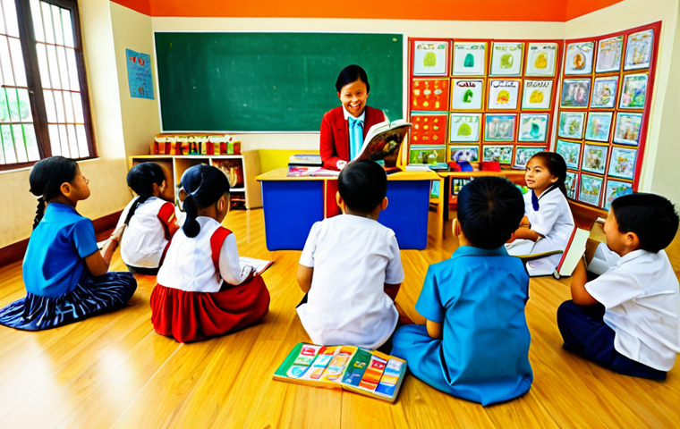 **

A bright and colorful classroom scene in a Malaysian kindergarten (Tadika). Children, fully clothed in appropriate attire, are engaged in various learning activities: painting, playing with blocks, and reading books with their teacher. The environment is cheerful with educational posters and displays.  Safe for work, appropriate content, family-friendly, perfect anatomy, natural proportions, high quality illustration.

**